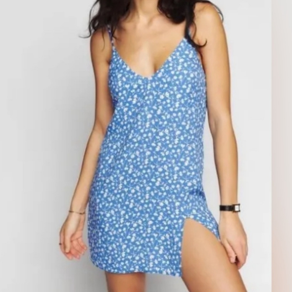 NEW RARE REFORMATION BLUE MINI DRESS WITH SLIT SZ SMALL MARLOWE NAVY SPECKLED - Picture 11 of 11